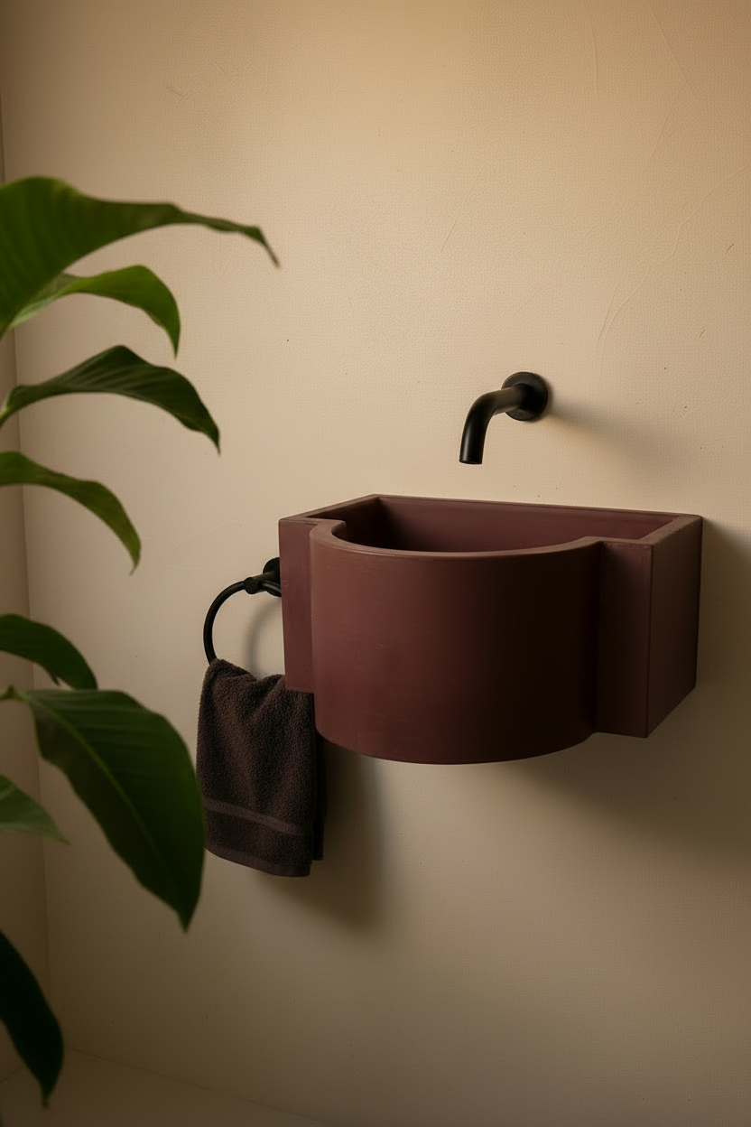 burgundy concrete sink, wall mounted, with black tap