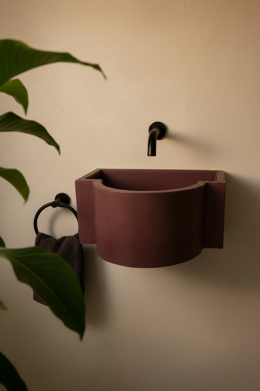 concrete wall mounted sink with architectural shape 