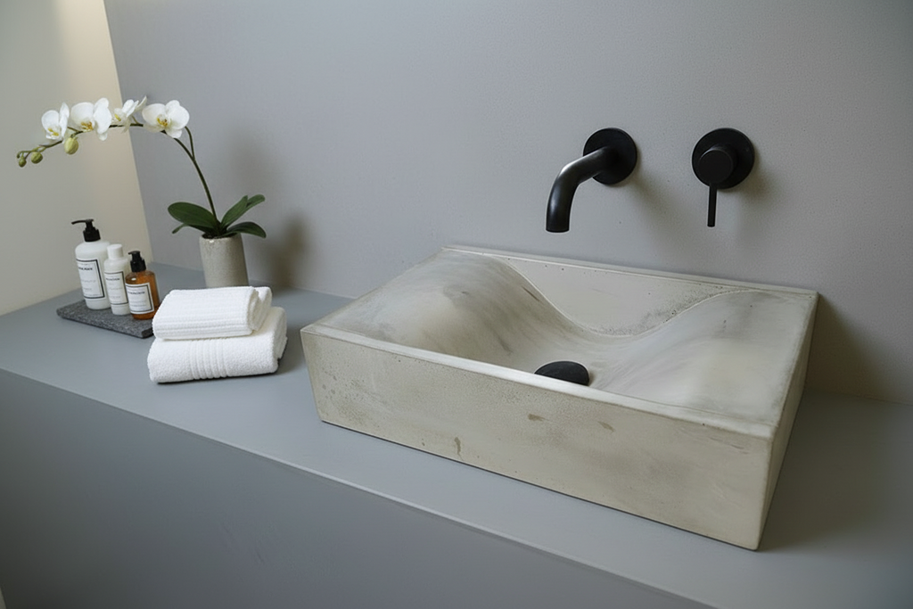 grey rectangular oncrete sink in modern bathroom