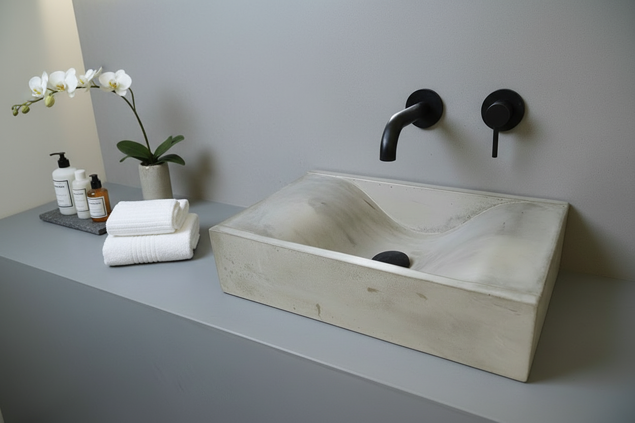 grey rectangular oncrete sink in modern bathroom