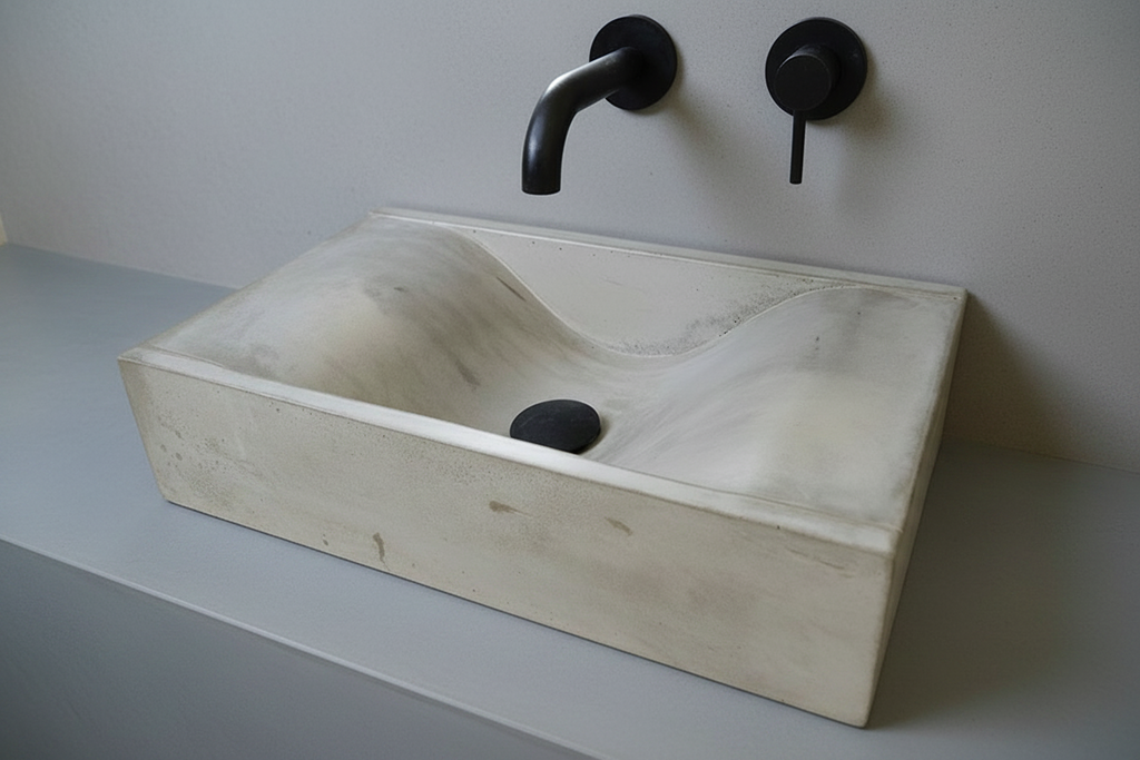 grey concrete basin with black waste and wall mounted tap combo