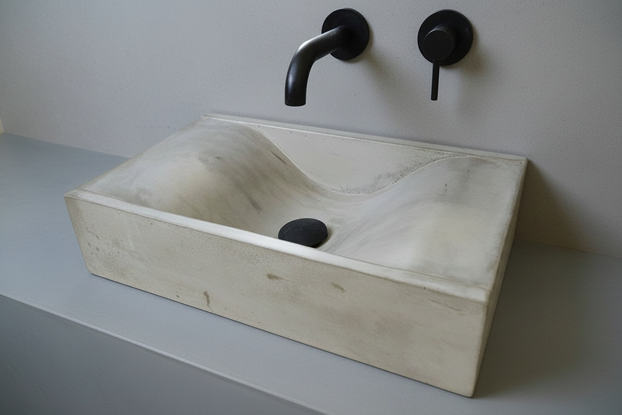 grey concrete basin with black waste and wall mounted tap combo