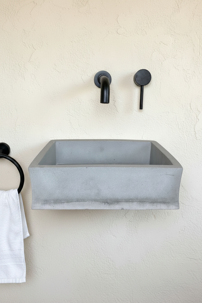 frontal view of concrete sink, wall mounted, grey with visible colour variation
