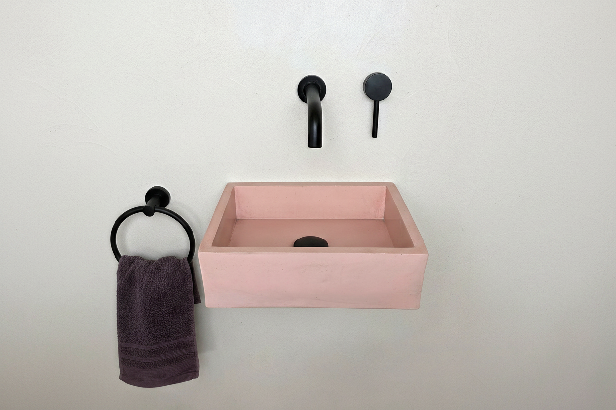 MINI concrete sink in pink with black faucet and towel holder on a white wall