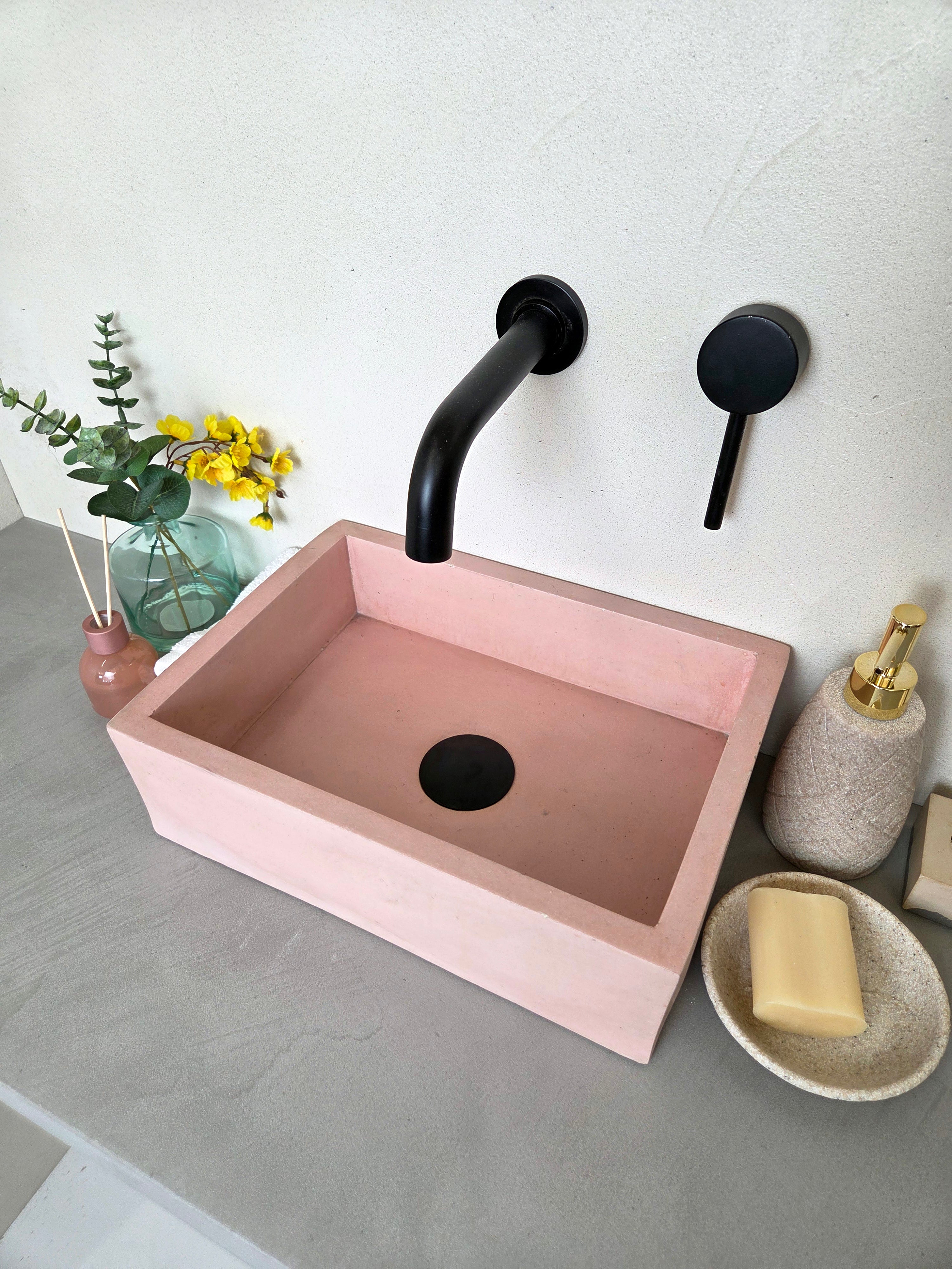 countertop concrete sink, soft slightly irregular rectangular shape