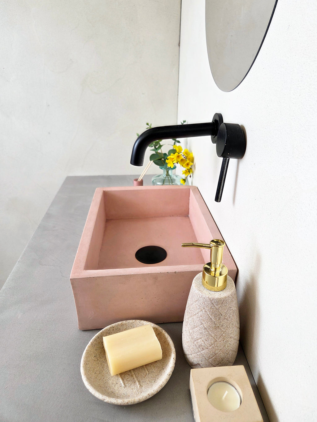 MINI concrete basin in pink, side view