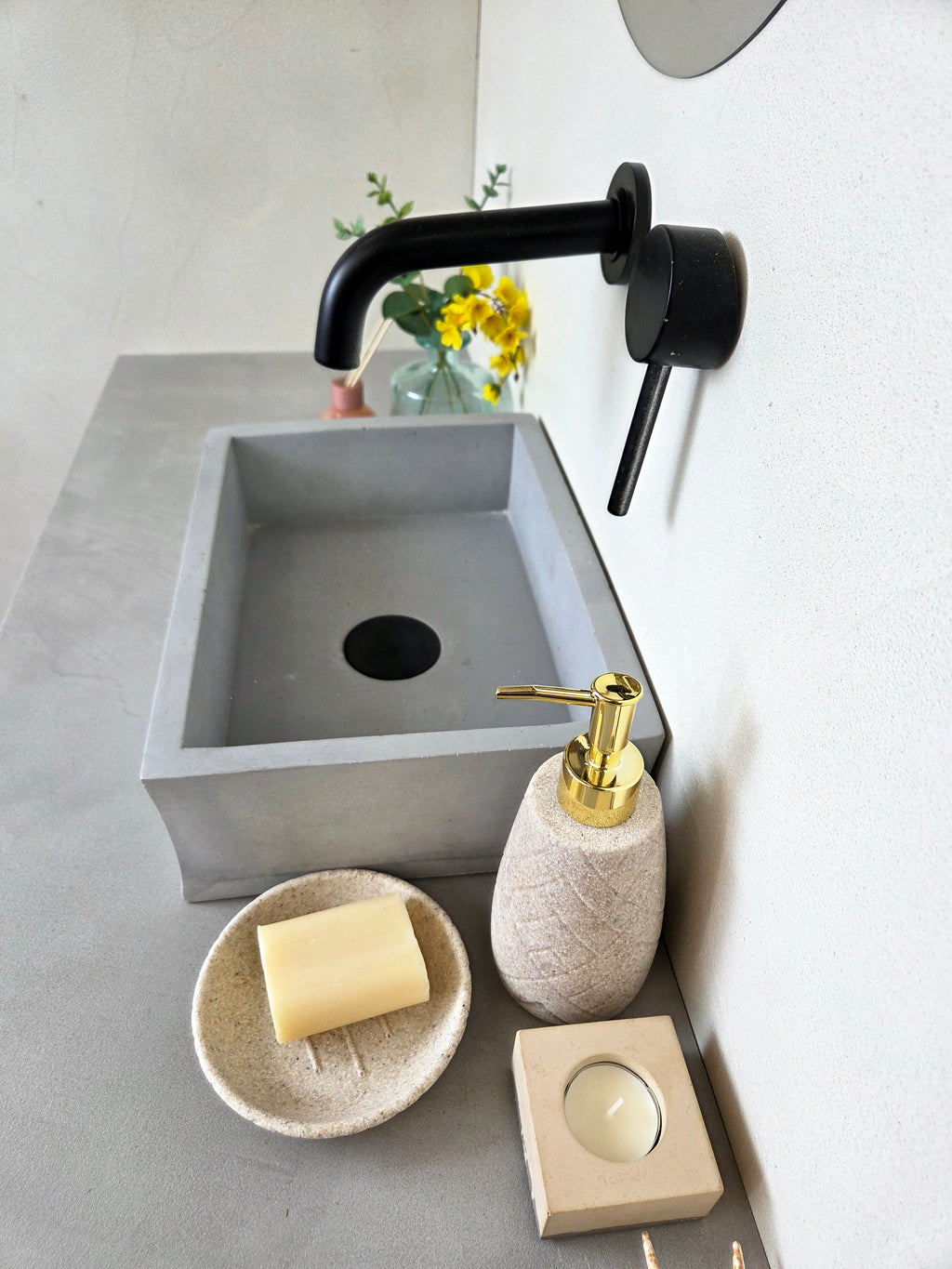 Grey countertop concrete sink, mini design with slightly irregular rectangular shape