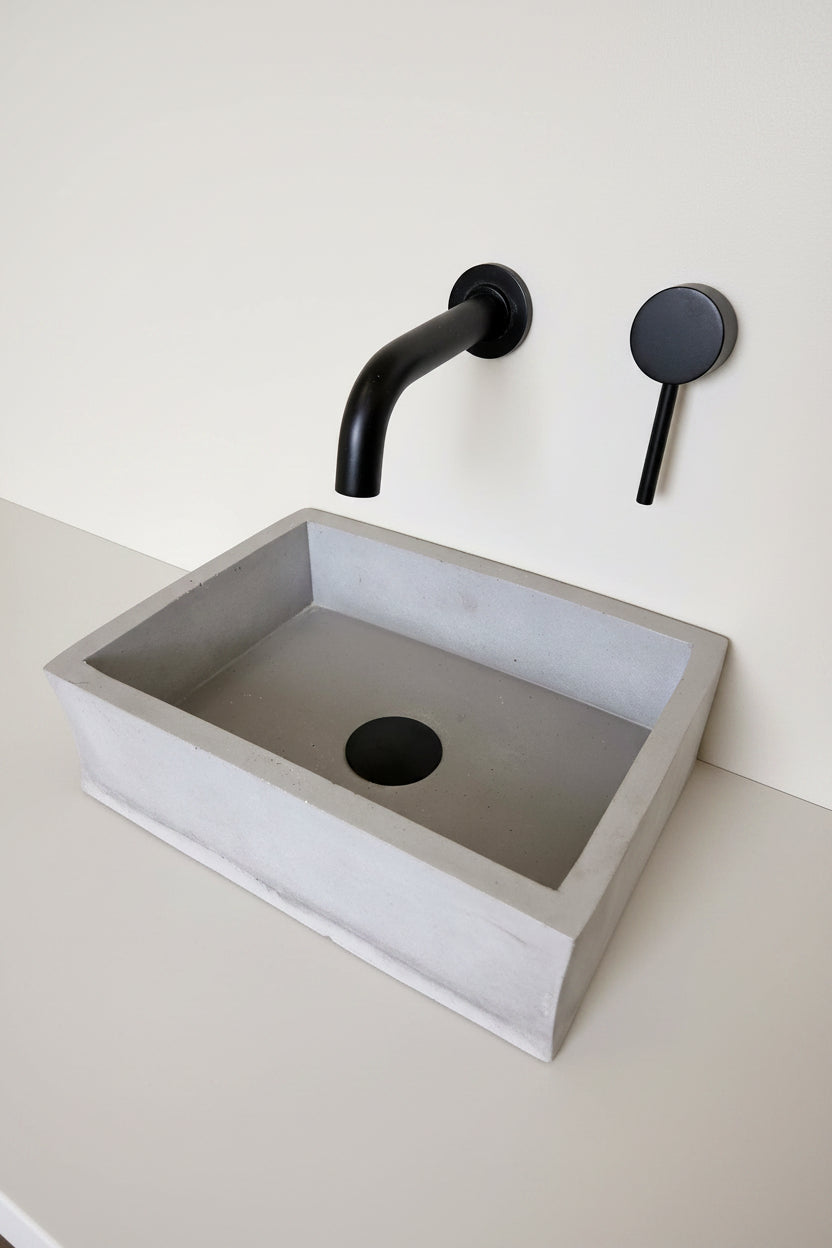 MINI grey concrete basin, countertop mounted, in small bathroom setup