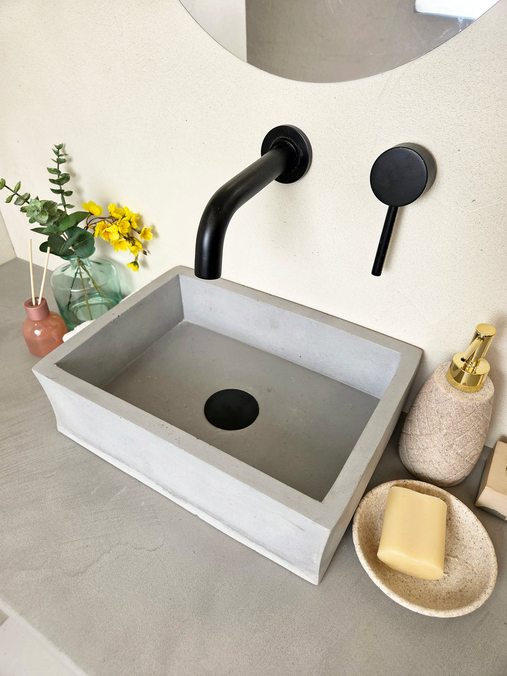 MINI grey concrete basin, countertop mounted, angled view