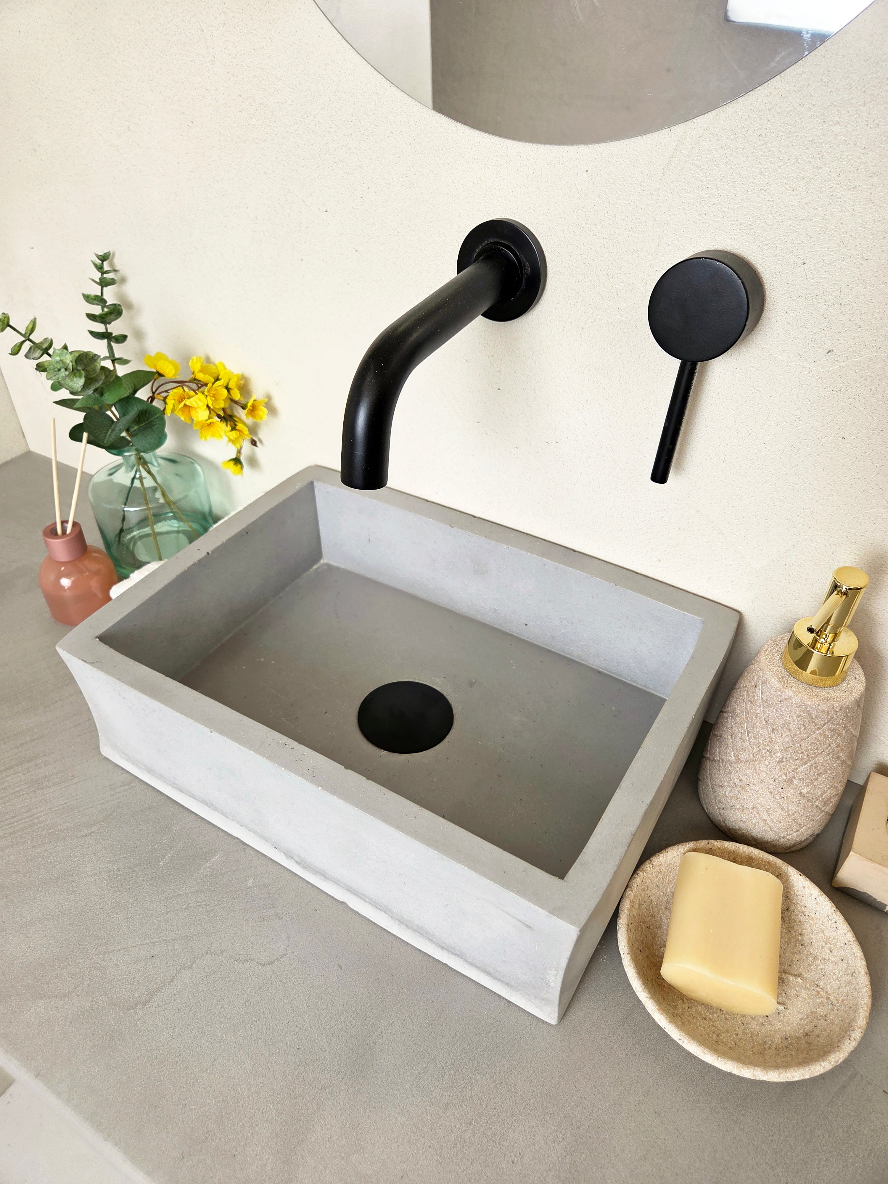 MINI grey concrete basin, countertop mounted, angled view