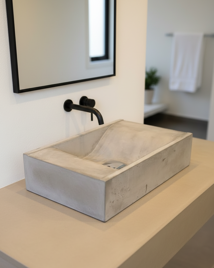 Rectagular concrete basin, surfacce mounted with wave-like bowl interior