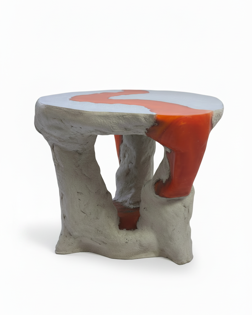 An abstract sculptural side table with a rough, concrete gray base and a smooth top featuring a red resin section flowing through the tabletop and leg Abstract design, shown on a clean white background.