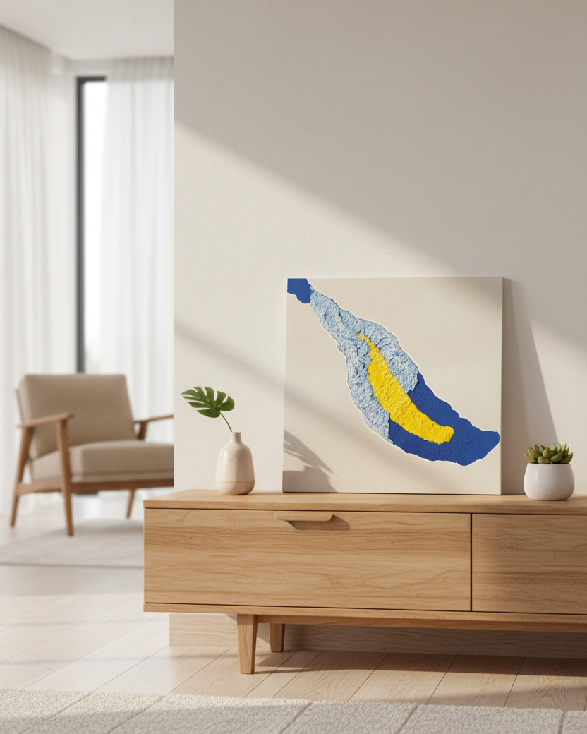 Abstract concrete wall art featuring a blue and yellow banana shape on a cream background, displayed on a light wood console in a modern, sunlit living room.
