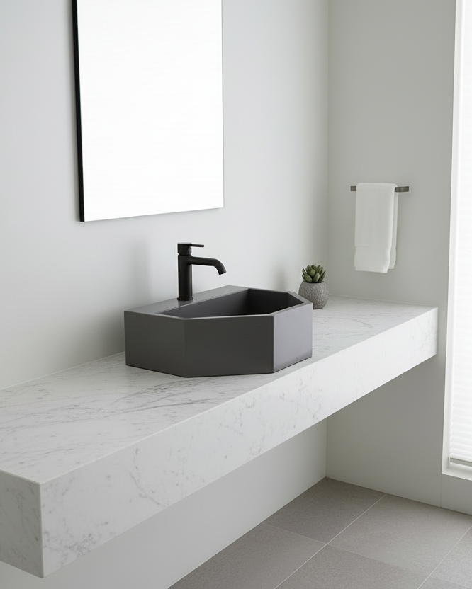 Modern bathroom with a grey cocrete sink on a white vanity, mirror, and towel.