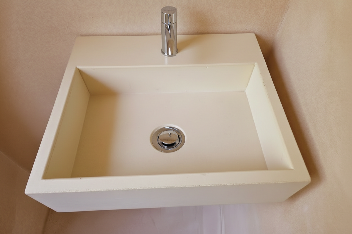 A modern square cream-colored concrete sink with a chrome faucet and drain, set into a light coral wall.