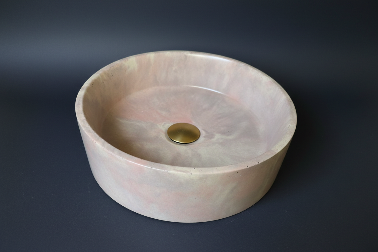 angle view of marble effect round concrete sink, LAI design by nedevdesign 
