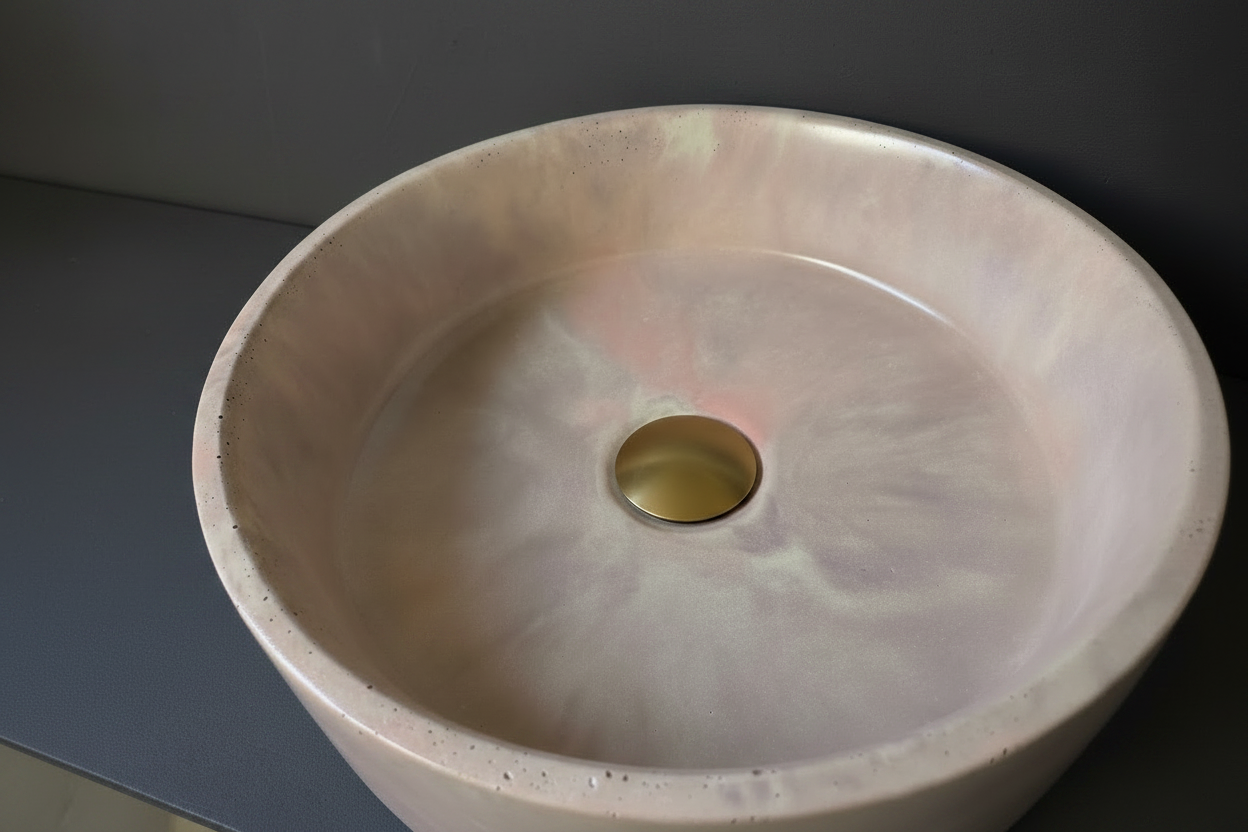 top view of round concrete basin, LAI design, by nedevdesign, markeli collection, pink soft colour variation