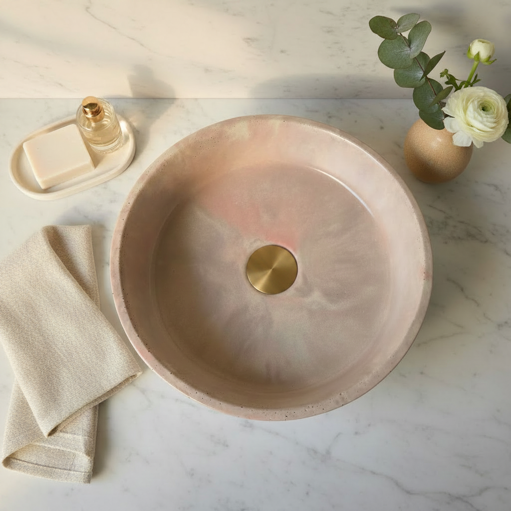 Roundmarble effect concrete sink on a marble surface with a bar of soap, towel, and small vase with flowers.