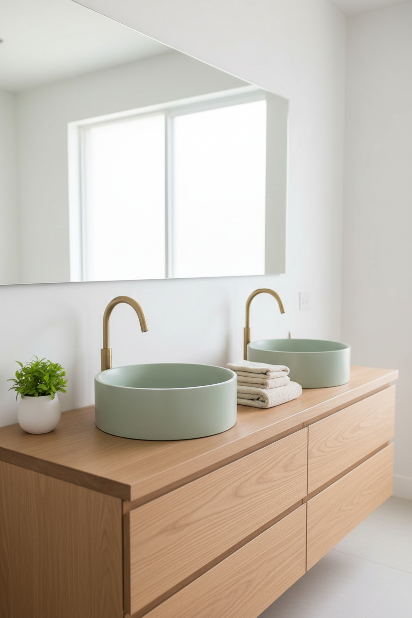 Bathroom with wooden vanity, two green round concrete sinks, and a large mirror.