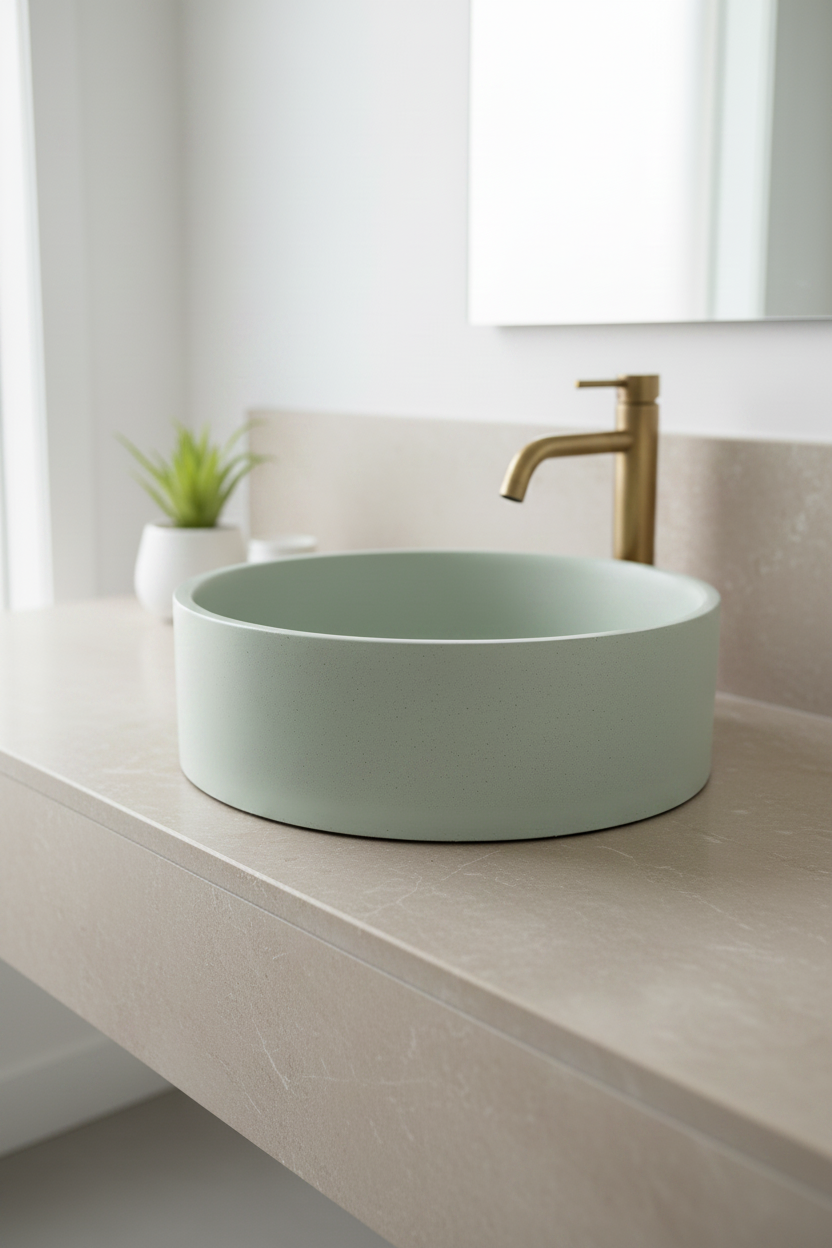 Modern bathroom with a round light green concrete sink and gold faucet.