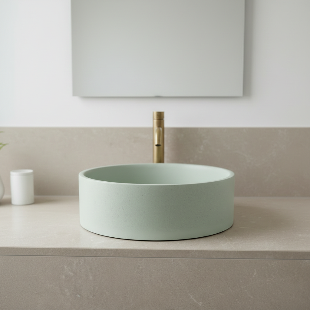 Light green concrete sink on a beige countertop with a gold faucet.