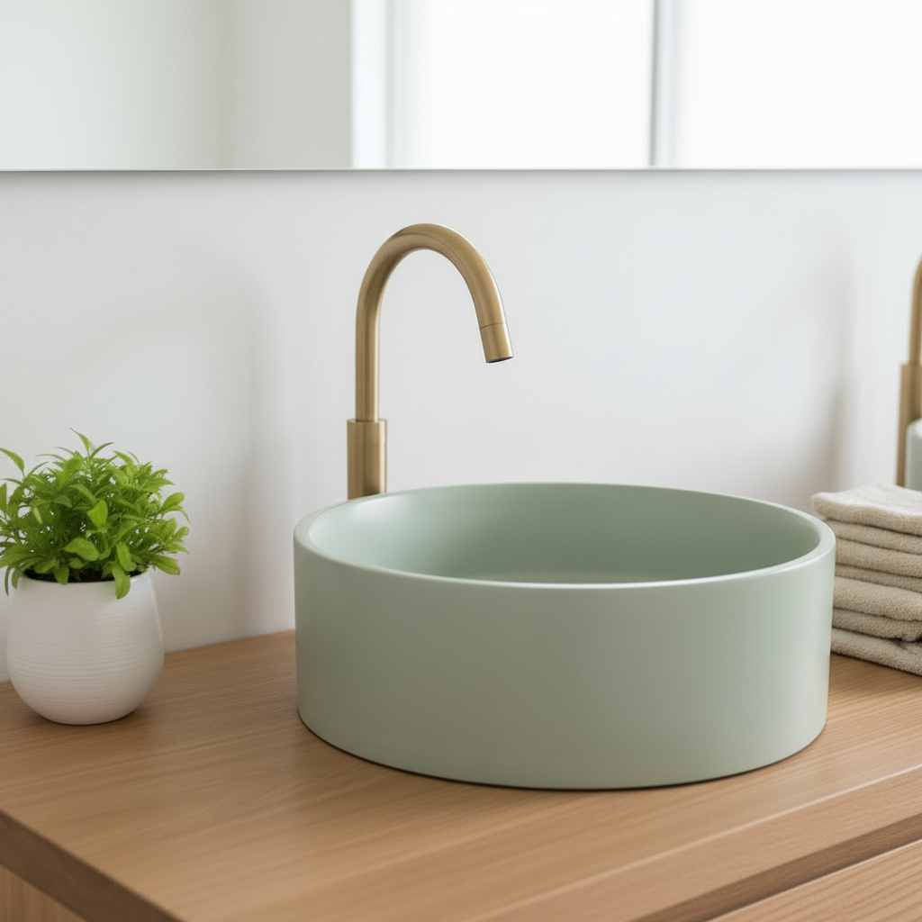 Round green concrete sink with gold faucet on a wooden surface, plant and towels in the background