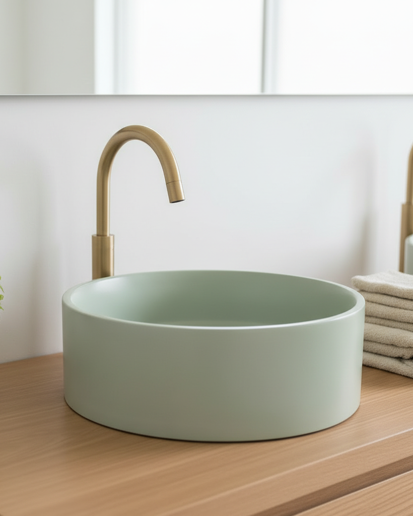 Round green concrete sink with gold faucet on a wooden surface, plant and towels in the background