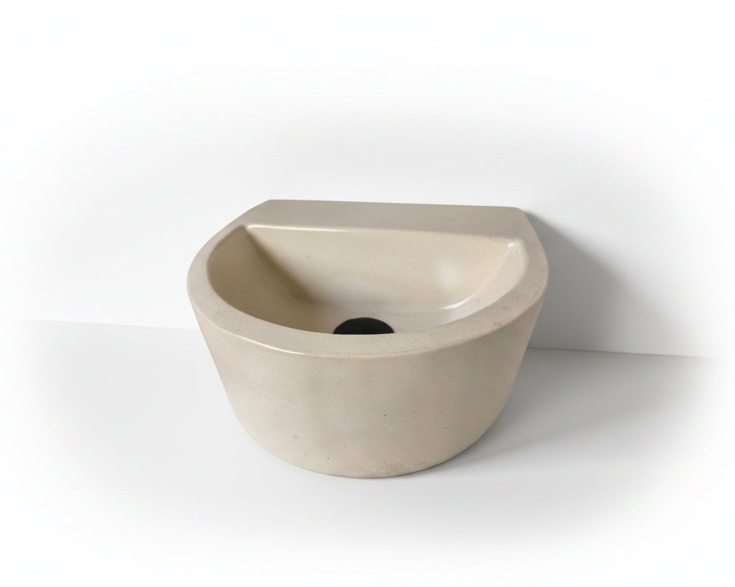 small compact concrete sink, semi oval, in ivory colour