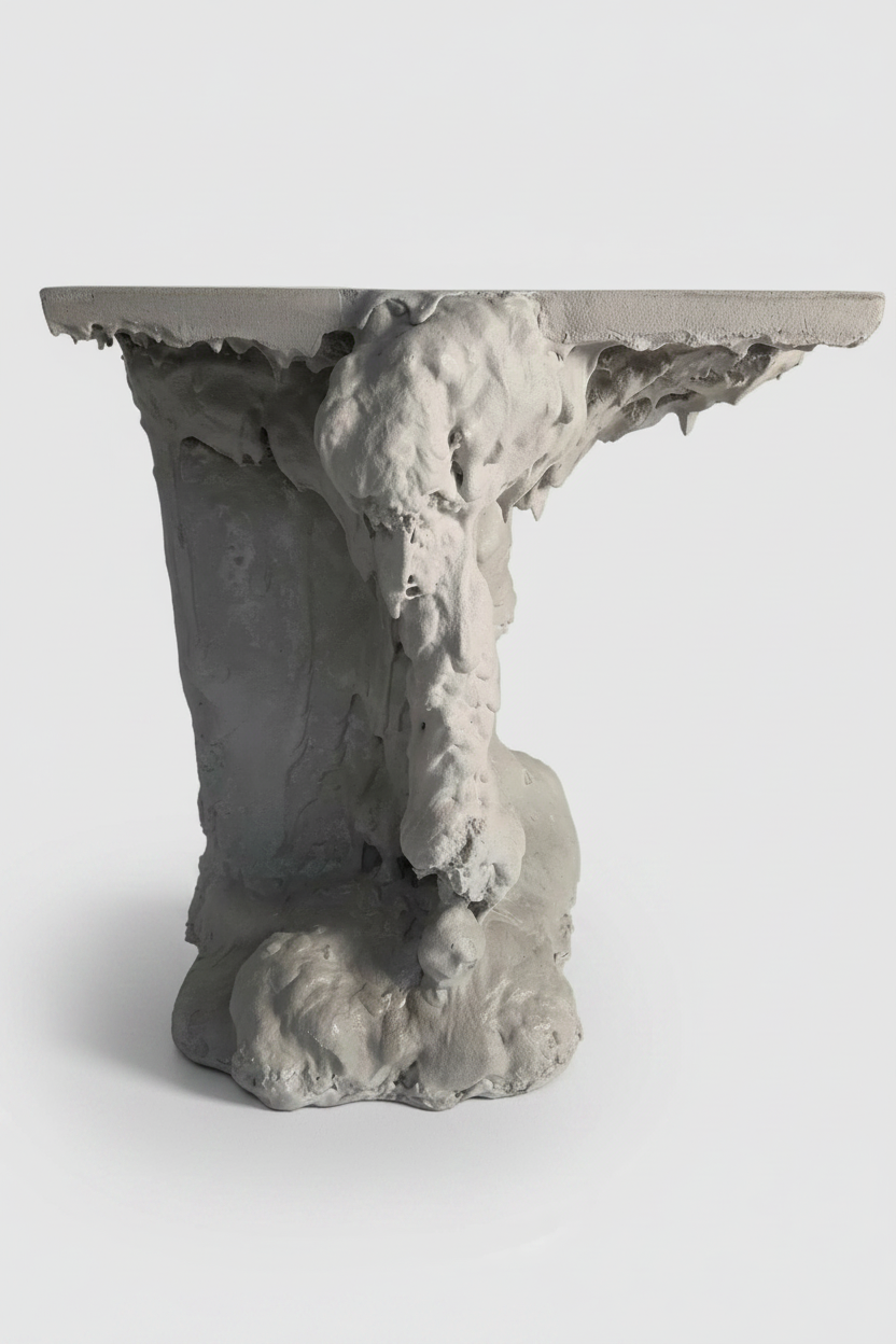 A sculptural concrete pedestal table with a flat rectangular top and a highly textured, organic base resembling natural rock or ice, shown against a solid white background.