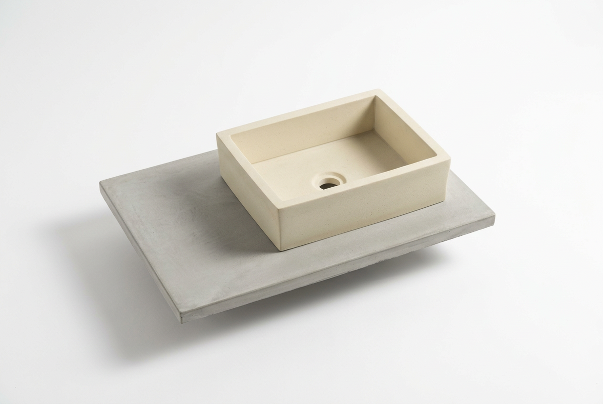 A minimalist rectangular concrete sink in a warm cream tone, mounted on a thick, square concrete slab base against a clean white background.