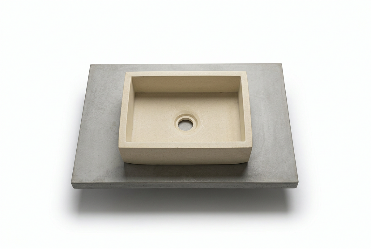 A rectangular beige concrete sink basin with a central drain, set into a square gray concrete slab on a clean white background.