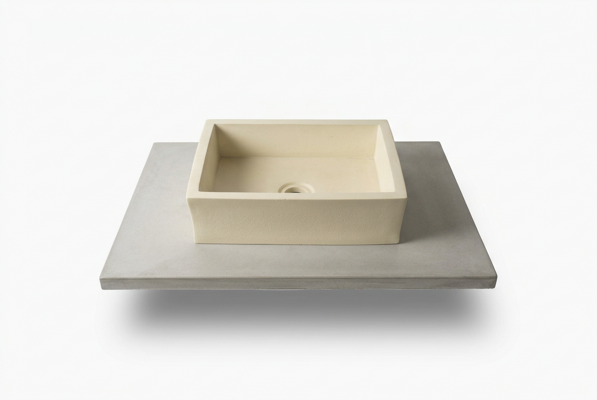 A modern rectangular concrete bathroom sink in a warm cream color, set into a thick square matte gray concrete countertop against a clean white background.