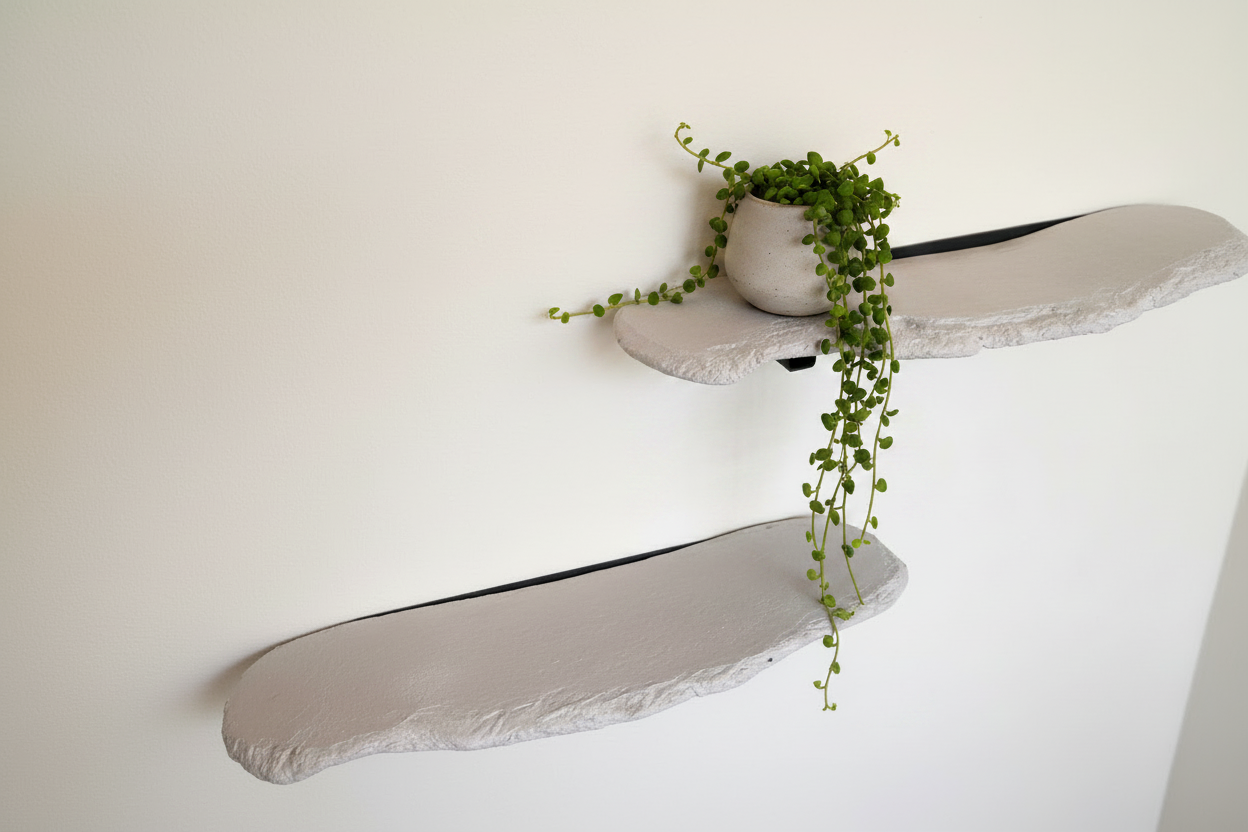 Set of two organic concrete wall shelves mounted on a white wall
