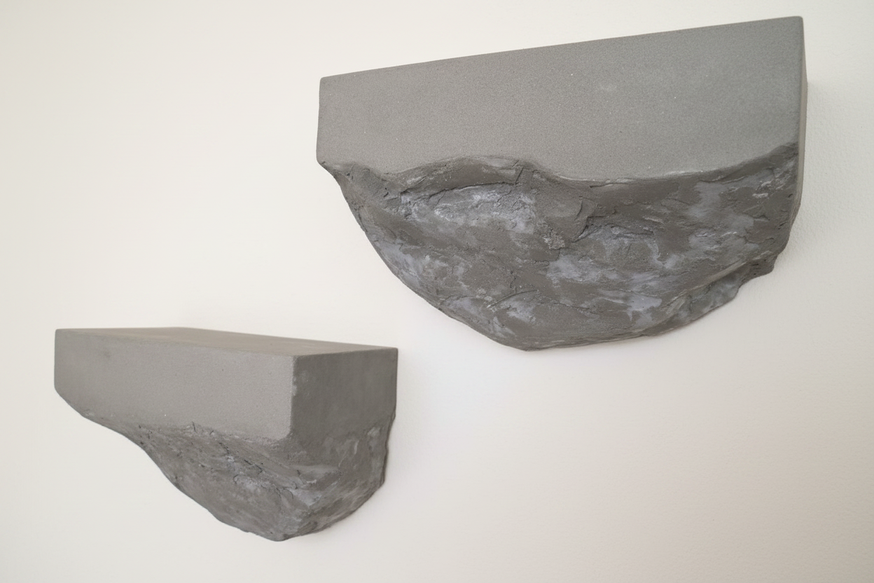 close up of microcement wall shelves with stone effect bottom texture