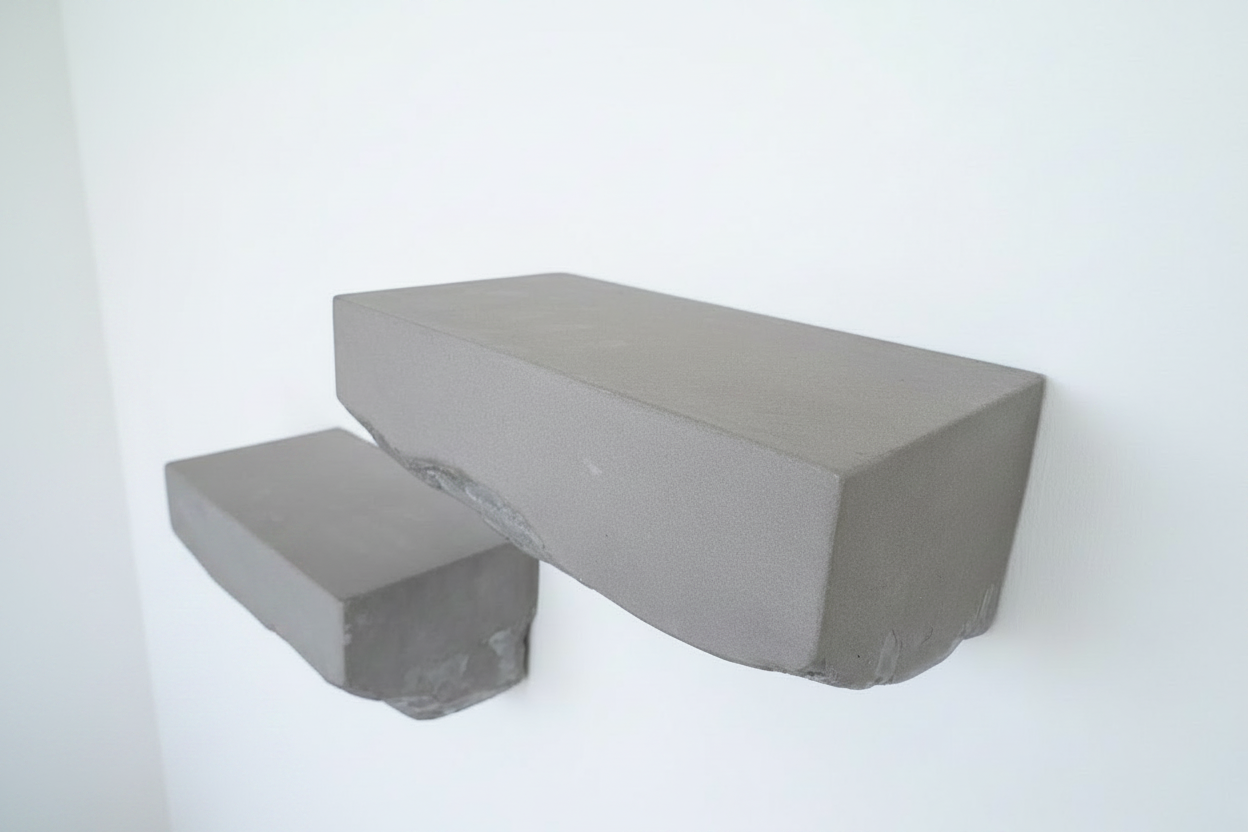 Side view of wall mounted microcement shelf with sculptural form, top side view