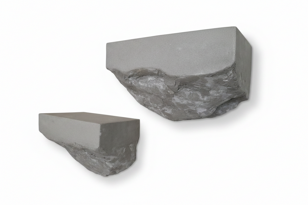 Microcement shelves with smooth top and textured underside detail