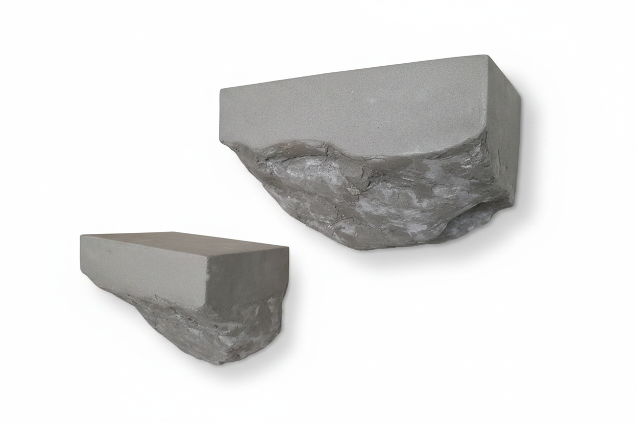 Microcement shelves with smooth top and textured underside detail