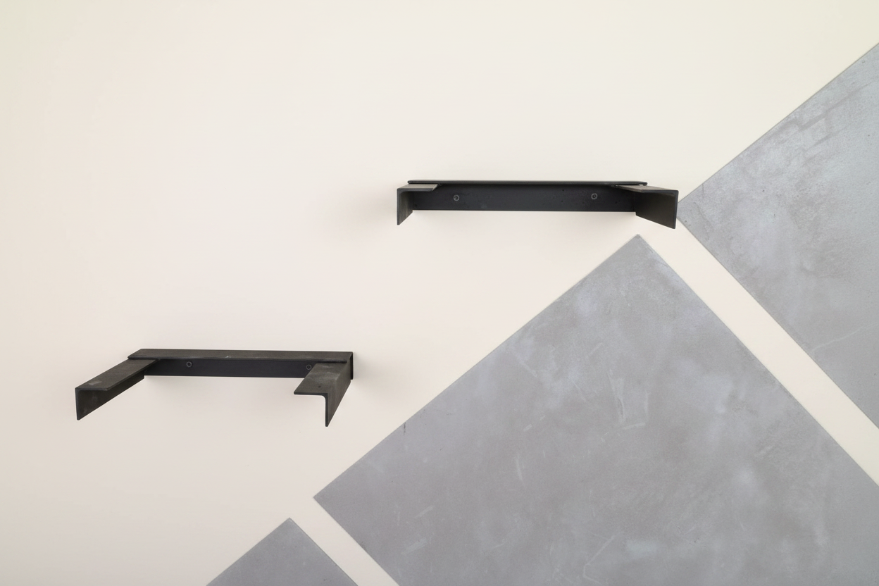 Detail of black mild steel wall mounting bracket set for concrete shelves set