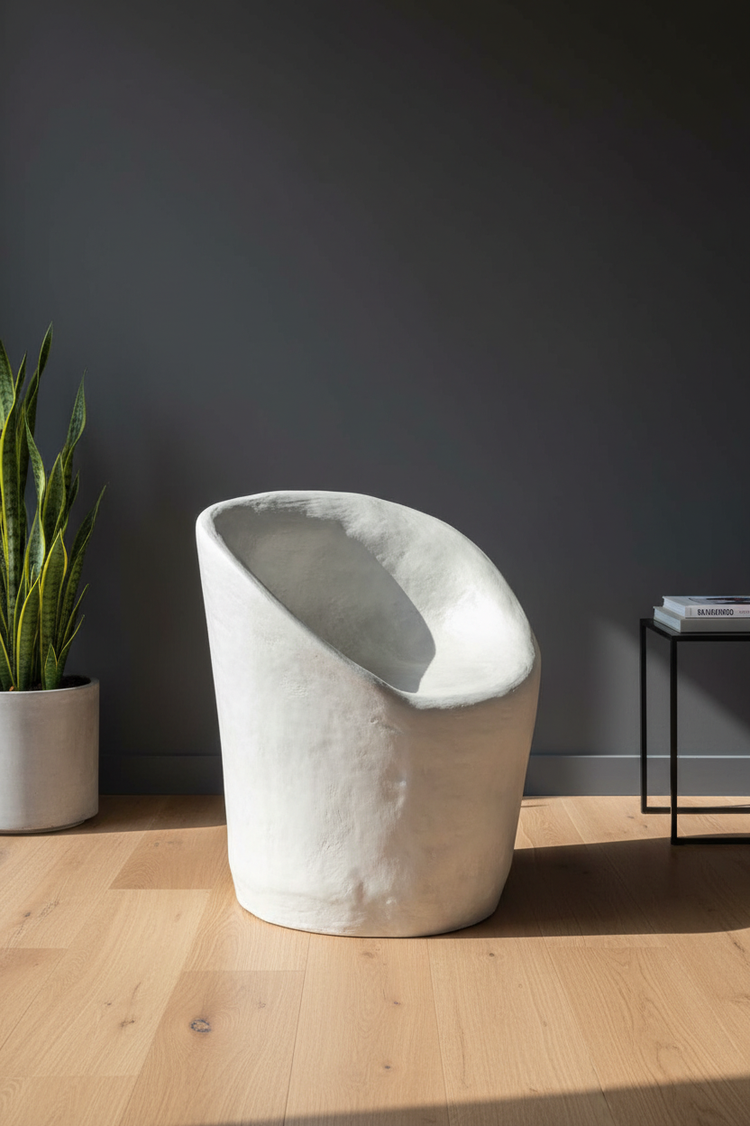 A modern sculptural bucket-style chair in a textured off-white concrete finish, set on a light wood floor against a dark gray wall with a potted snake plant and a small black side table.