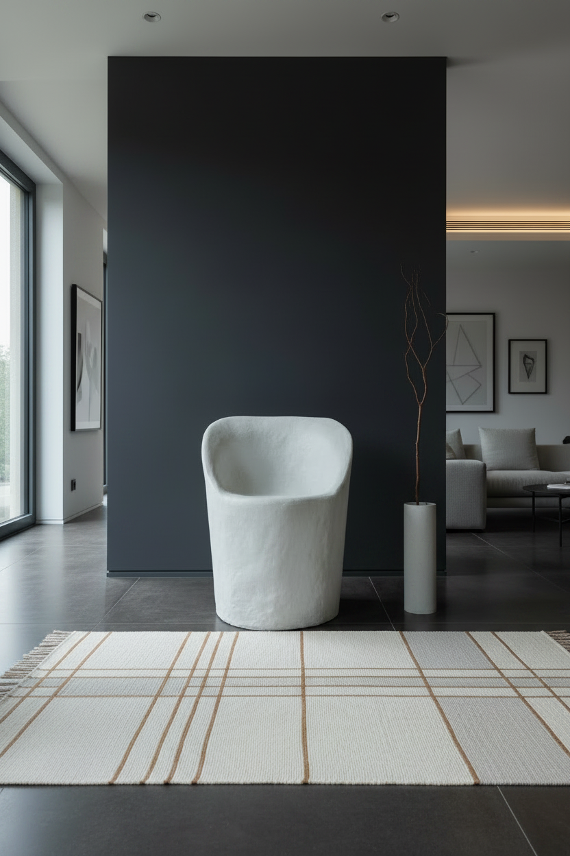 A modern minimalist interior featuring a sculptural white chair in front of a tall dark charcoal wall, with a cream and tan striped rug on dark gray tile flooring.