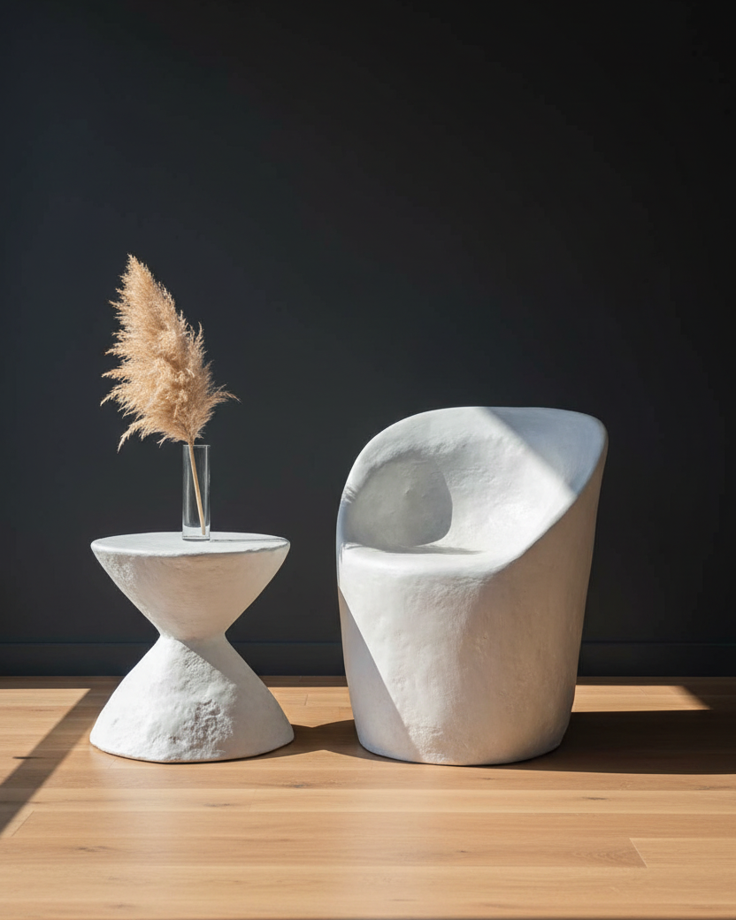 A modern sculptural white side table and matching curved lounge chair on a light wood floor against a dark charcoal wall, with a small vase of pampas grass on the table.