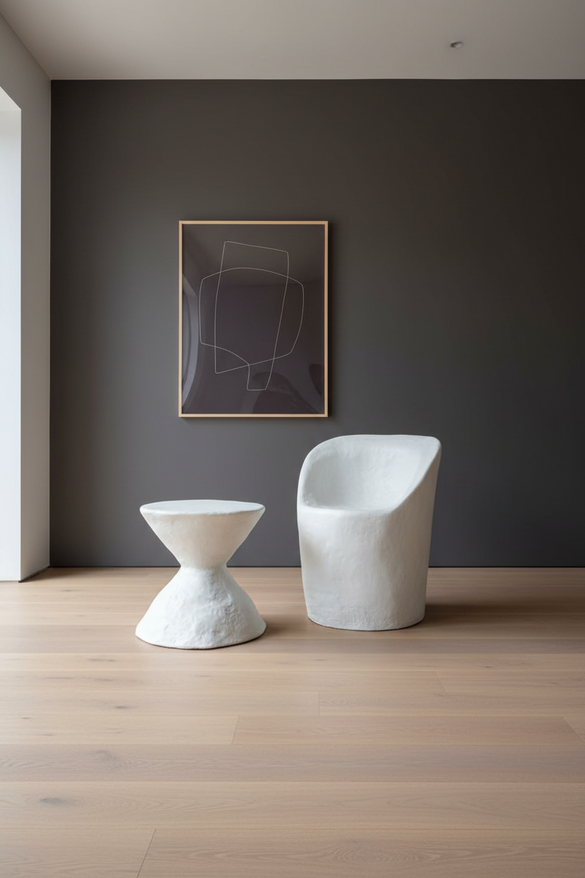A modern interior scene with a dark charcoal wall, light wood floor, a white sculptural side table, and a white curved chair, plus framed abstract wall art.
