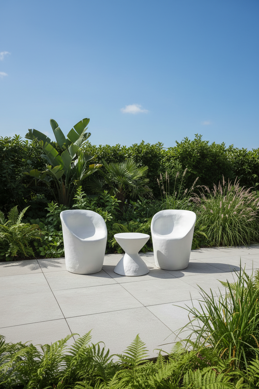 Two white molded outdoor lounge chairs and a matching small side table on a light stone patio, surrounded by green plants under a blue sky.