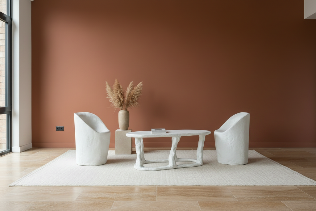 A modern minimalist living room setup featuring two sculptural white armchairs and a matching white coffee table arranged on a light beige rug against a terracotta-colored wall. A tall beige vase with dried pampas grass stands between the chairs.