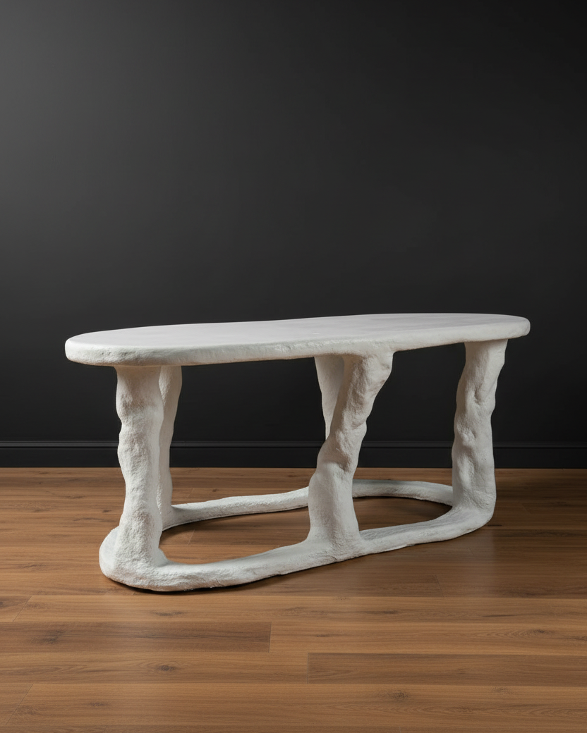 A sculptural, organic-shaped concrete coffee table with a smooth white top and textured, tree-like legs, set on a wooden floor against a dark gray wall.