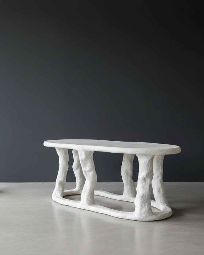 A sculptural white coffee table with a smooth oval top and organic, tree-like twisted legs, set against a dark gray background and light gray floor.