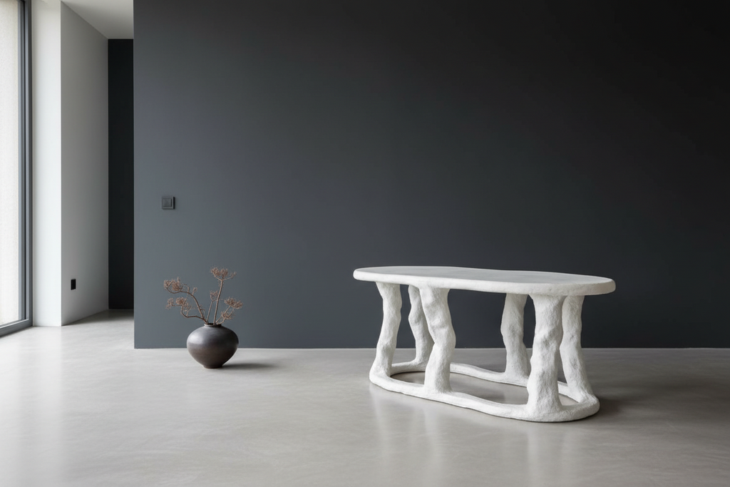 A sculptural white concrete console table with organic, tree-like legs, set in a minimalist room with a dark gray wall and light concrete floor.