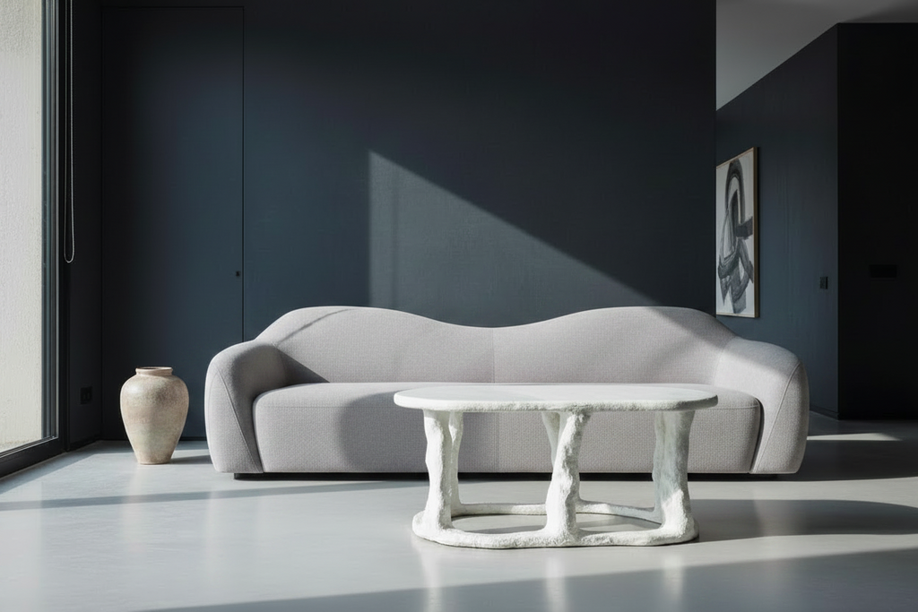 A modern living room scene featuring a light gray curved sofa, a white sculptural coffee table, a beige ceramic vase, and dark charcoal gray walls with dramatic sunlight casting shadows.
