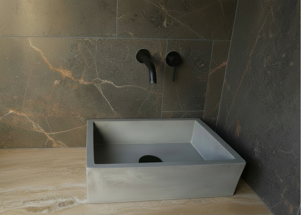 Gray concrete sink against a dark marble wall with black fixtures.