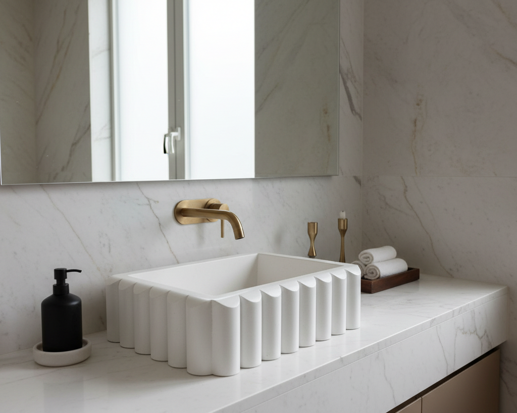 Modern bathroom with a white sink, gold faucet, and marble walls.